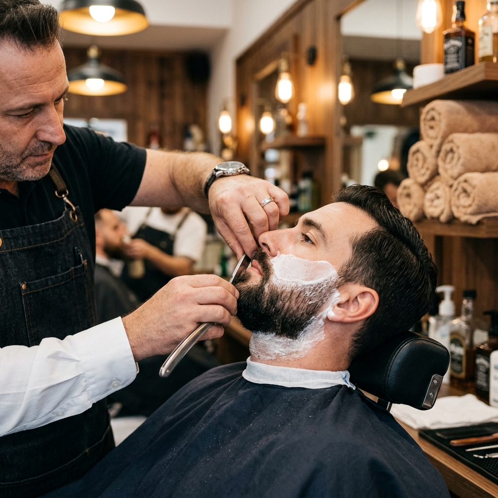 Barbeiro profissional fazendo a barba de um cliente